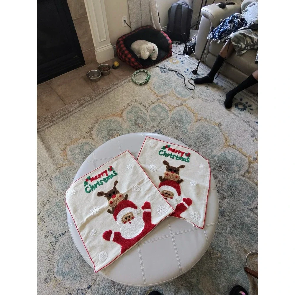 Christmas Pillow Covers Set of 2 Cream Santa Reindeer Tufted 17x17 Farmhouse